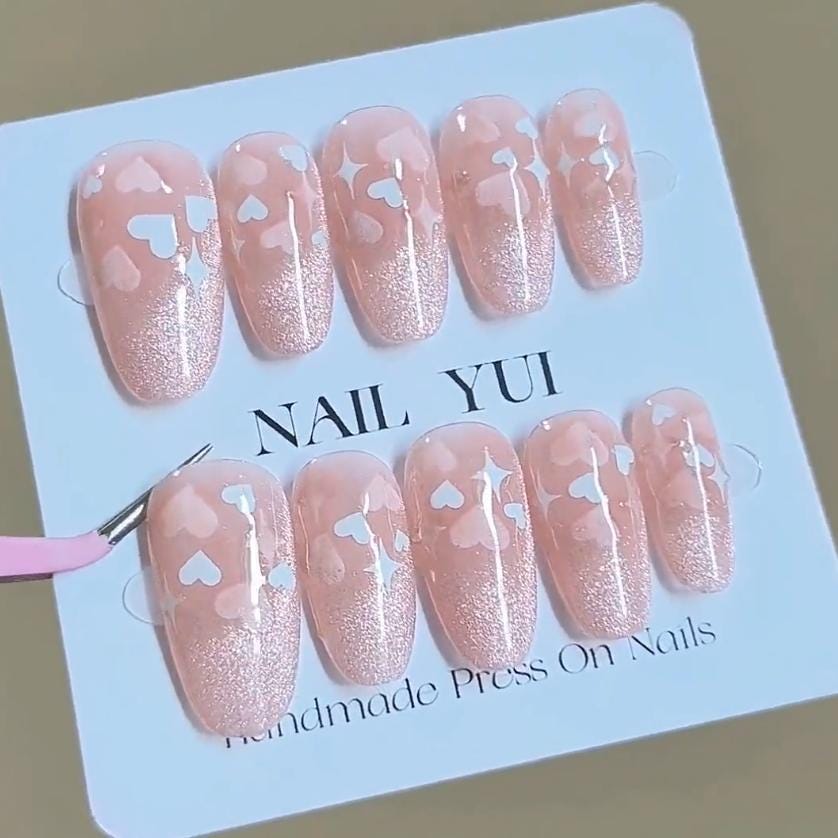 Handmade Pink Milky Heart Star Nude Cat Eye Ombre Press On Nails Ombre Nails Cat Eye Nails Coffin Nails Reusable Nails Acrylic Nails