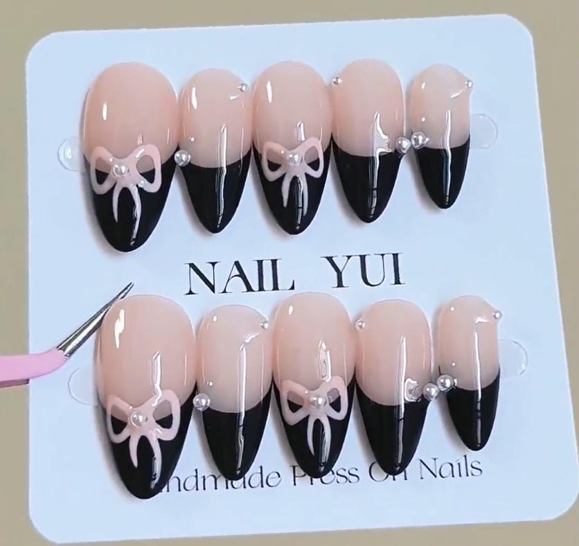 Handmade Black French Pink Bow Pearl Press On Nails Bow Nails French Nails Black Nails Cute Nails