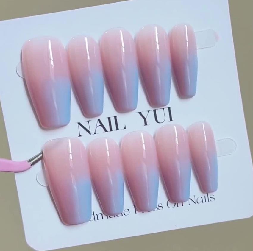 Handmade Blue Pink Double Ombre Press On Nails Ombre Nails Blue Pink Nails Blush Nails Daily Nails