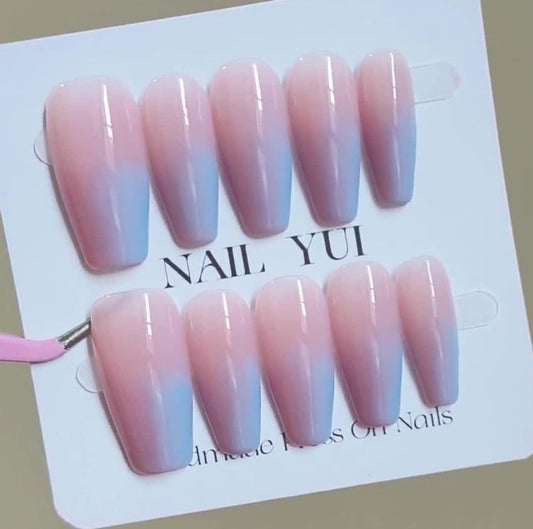 Handmade Blue Pink Double Ombre Press On Nails Ombre Nails Blue Pink Nails Blush Nails Daily Nails
