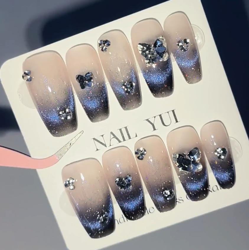 Handmade Black Purple Cat Eye Aurora Butterfly Rhinestone Ombre Press On Nails Ombre Nails Aurora Nails Cat Eye Nails Reusable Acrylic Nails