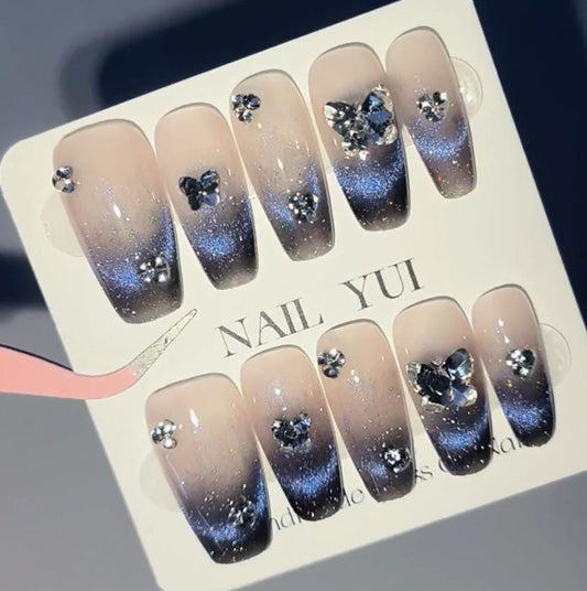 Handmade Black Purple Cat Eye Aurora Butterfly Rhinestone Ombre Press On Nails Ombre Nails Aurora Nails Cat Eye Nails Reusable Acrylic Nails