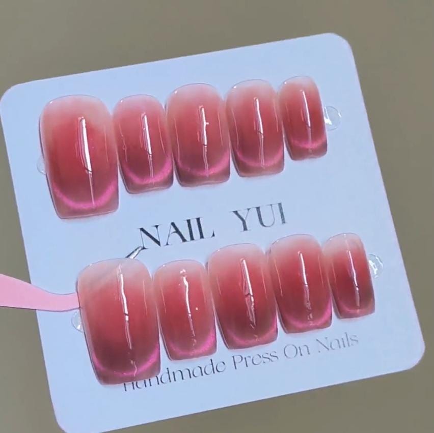 Handmade Cherry Deep Red Blush Ombre Pink Cat Eye Aurora Press On Nails Cat Eye Nails Blush Nails New Year nails