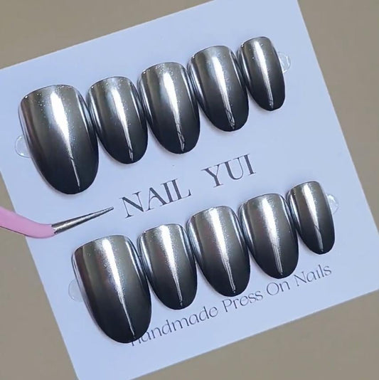 Handmade Mirror Sliver Black Ombre Gradient Press On Nails Mirror Nails Sliver Black Nails Ombre Nails Gradient Nails