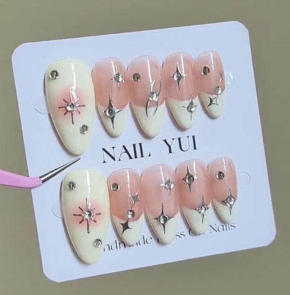 Handmade Yogurt White French Reddish Brown Blush Ombre Press On Nails UV Nail Gel Nails Reuseable Nails