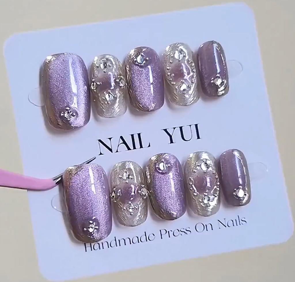 Handmade Metallic Purple Crystal Cat Eye Glitter Press On Nails Metallic Nails Cat Eye Nails Luxury Nails
