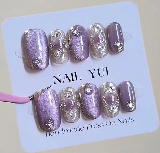 Handmade Metallic Purple Crystal Cat Eye Glitter Press On Nails Metallic Nails Cat Eye Nails Luxury Nails