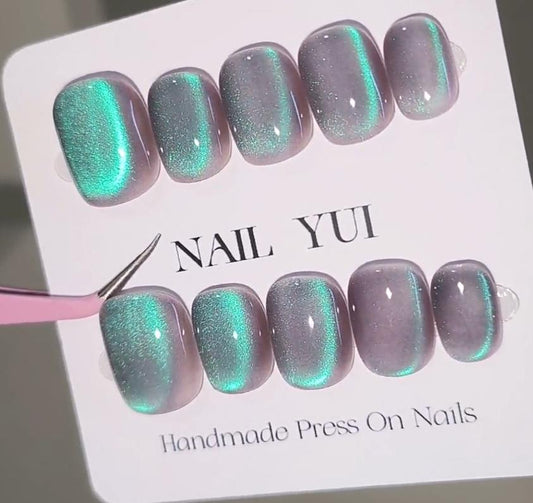 Handmade Clear Dark Purple Mint Blue Glitter Cat Eye Press On Nails Aurora Nails Blue Tears Summer Vacation Seaside Beach 2024