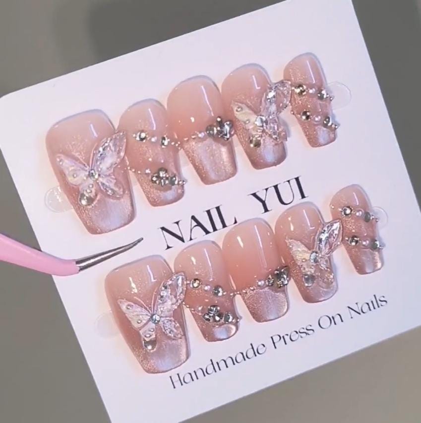 Handmade Pink Silk Glass Bead Cat Eye Glitter 3D Clear Butterfly Press On Nails Luxury Nails Silk Cat Eye Nails Wedding Nails