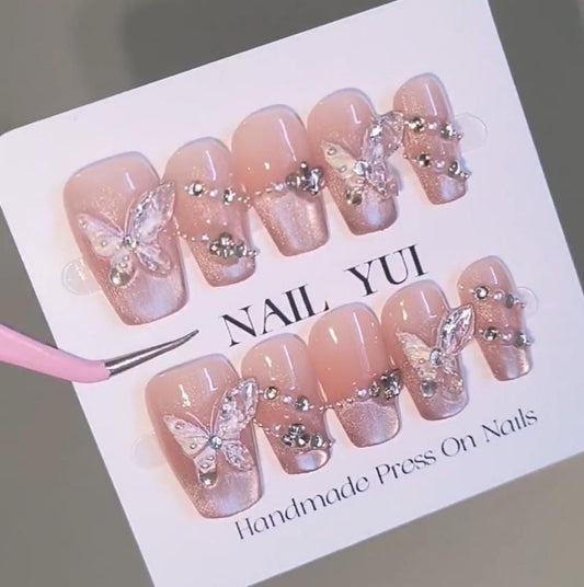 Handmade Pink Silk Glass Bead Cat Eye Glitter 3D Clear Butterfly Press On Nails Luxury Nails Silk Cat Eye Nails Wedding Nails