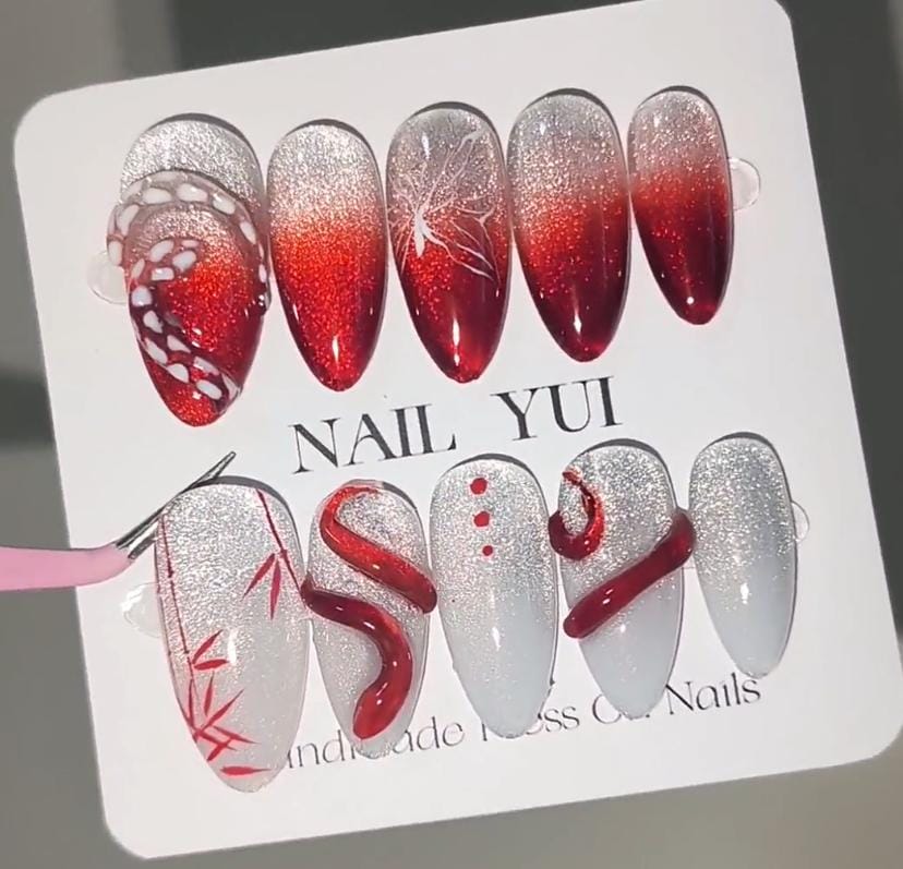 Handmade Red White Bamboo Snake Butterfly Sliver Glitter Press On Nails Snake Nails Halloween Nails Bamboo Nails Red Nails Goth Nails
