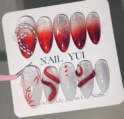 Handmade Red White Bamboo Snake Butterfly Sliver Glitter Press On Nails Snake Nails Halloween Nails Bamboo Nails Red Nails Goth Nails