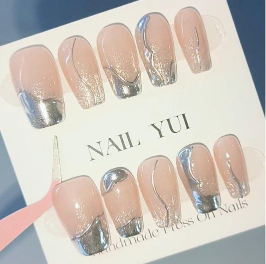 Handmade Gilding Silver Metallic Aurora Sliver Cat Eye Glitter Press On Nails Fake Nails