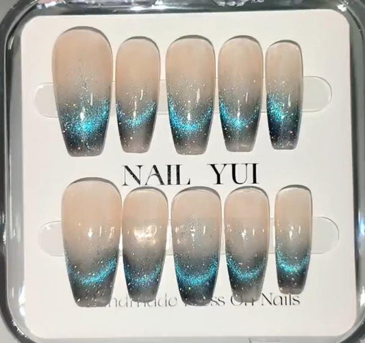 Handmade Sea Blue Cat Eye Aurora Ombre Press On Nails Ombre Nails Blue Nails Aurora Nails Cat Eye Nails Cat Eye Nails Reusable Acrylic Nails