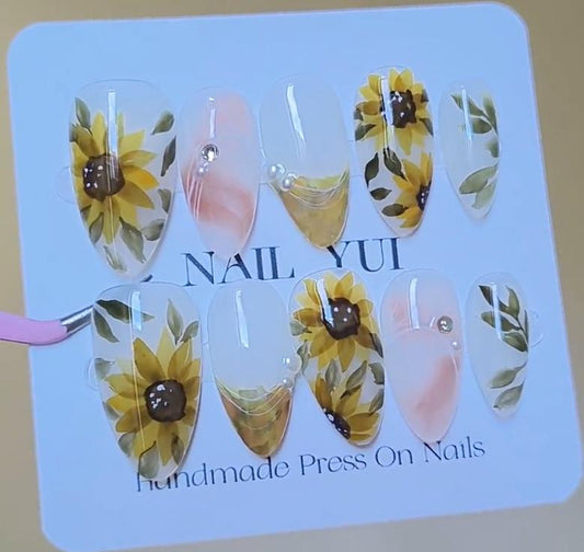 Handmade Hand Painting Watercolor Yellow Sunflower Flower Press On Nails Elegant Nails Spring Nails Summer Nails Wedding Nails