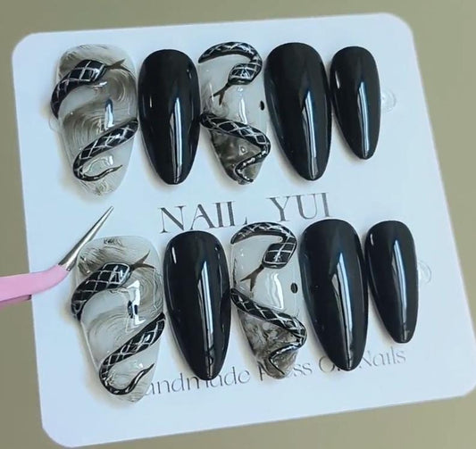 Handmade Black 3D Snake Black Marble Ombre Press On Nails Snake Nails Dark Nails