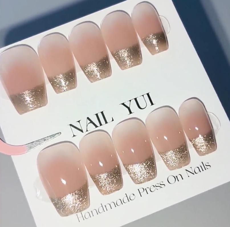 Handmade Nude Blush Ombre Gold Aurora Cat Eye French Glitter Press On Nails Ombre Nails Cat Eye Nails Reusable Nails Acrylic Nails