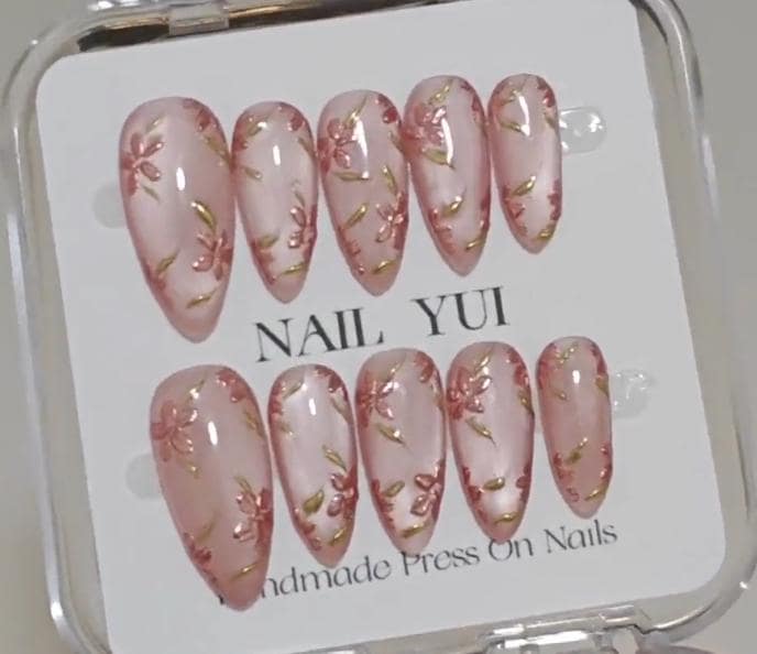Handmade Hand-Painted Pink Bloom Flower Glitter Cat Eye Press On Nails Elegant Wedding Bride Bloom Spring Chasing Light Cat Eye