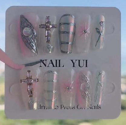 Handmade Y2K Gilding Silver Metallic Aurora Pink Cross Ombre Glitter Press On Nails Sliver Nails Cross Nails Y2K Nails  Acrylic Nails