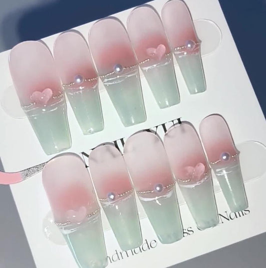 Handmade Nude Pink Blush Light Clear Green Pearl French Press On Nails French Nails Green Nails