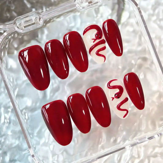 Dark Blood Red Snake Halloween Press On Nails