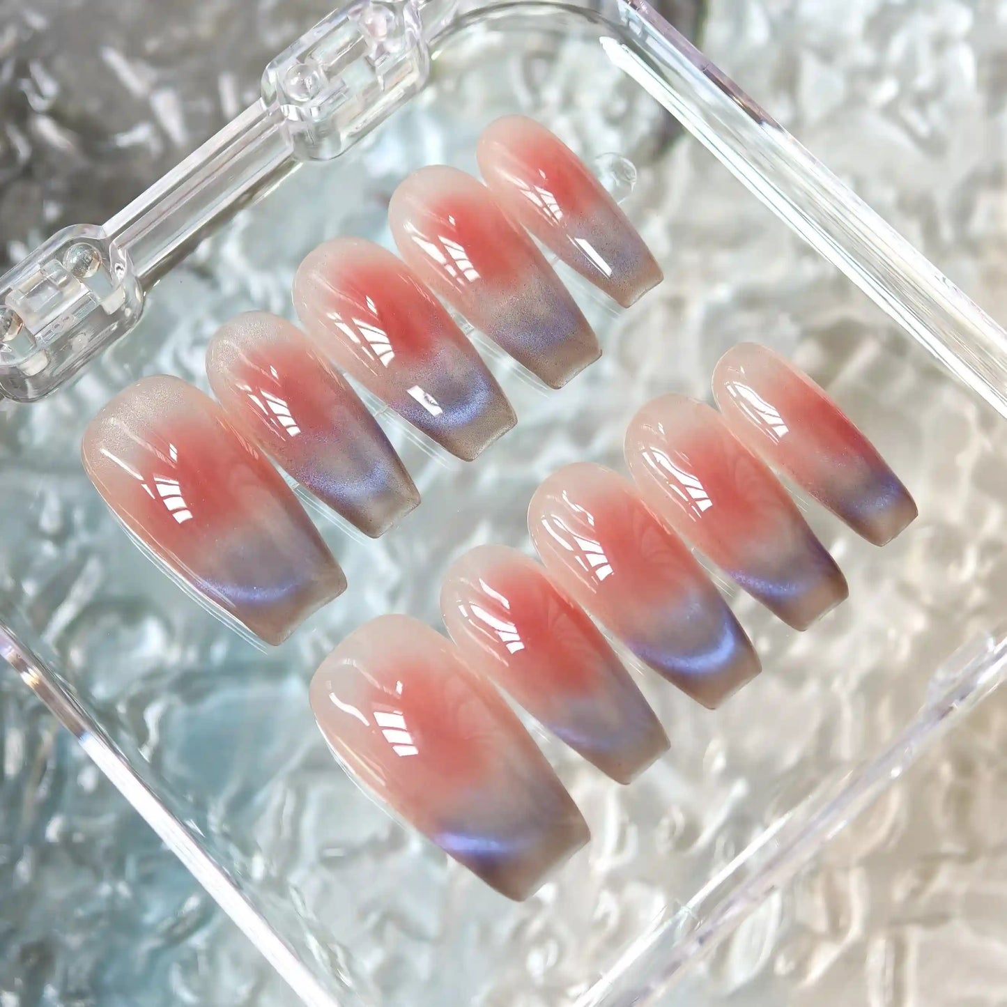 Blush Pink Blue Cat Eye Press On Nails