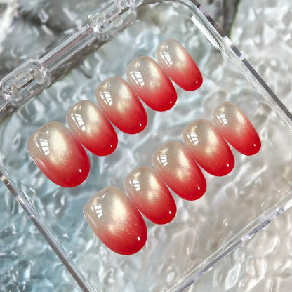Red Sunset Glass Bead Cat Eye Press On Nails