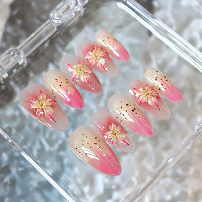 3D Ice Pink Lily Flower Ombre Press On Nails