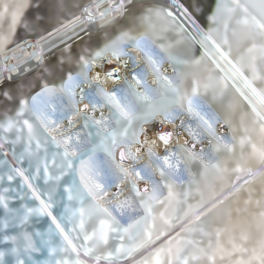 Handmade Winter Snow Blue White Snowflake Press On Nails Snowflake Nails