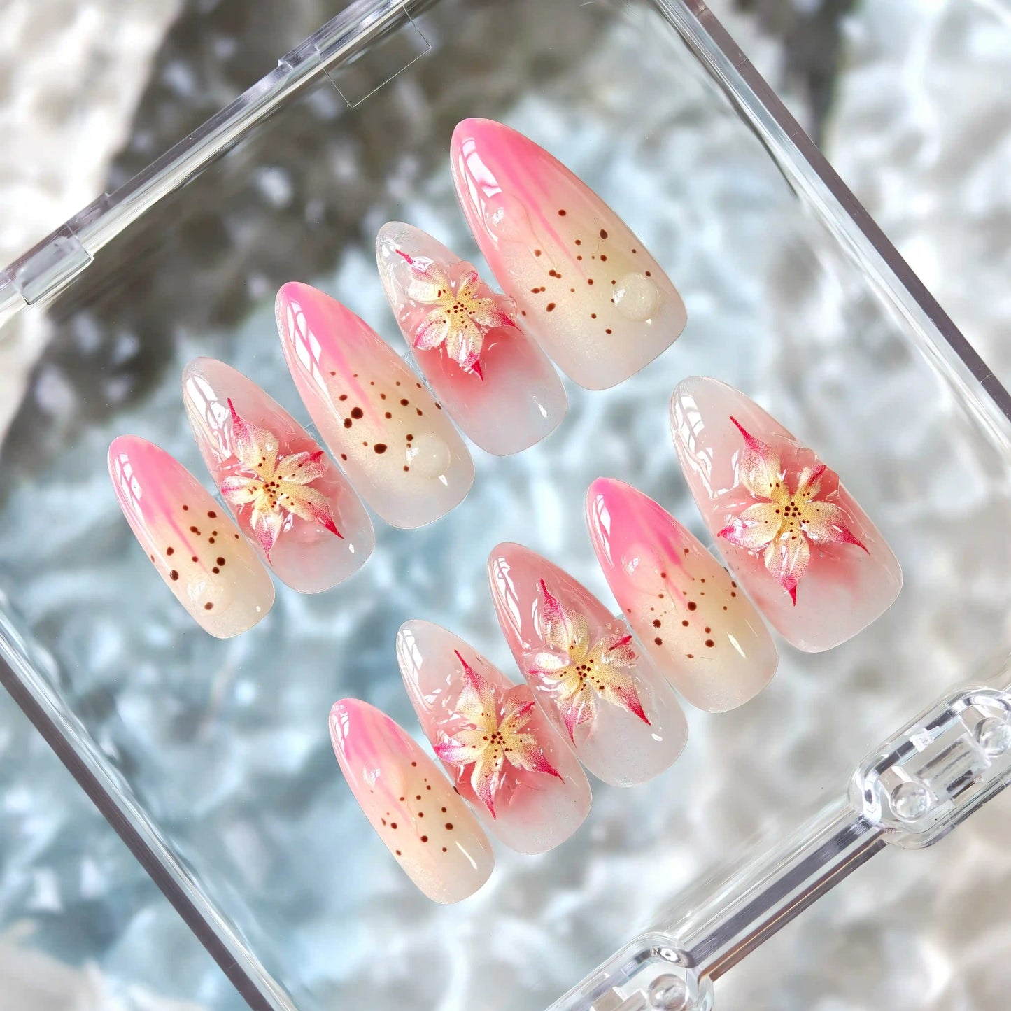 3D Ice Pink Lily Flower Ombre Press On Nails