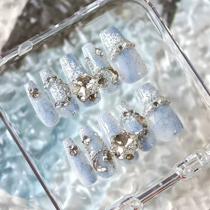 Handmade Winter Snow Blue White Snowflake Press On Nails Snowflake Nails