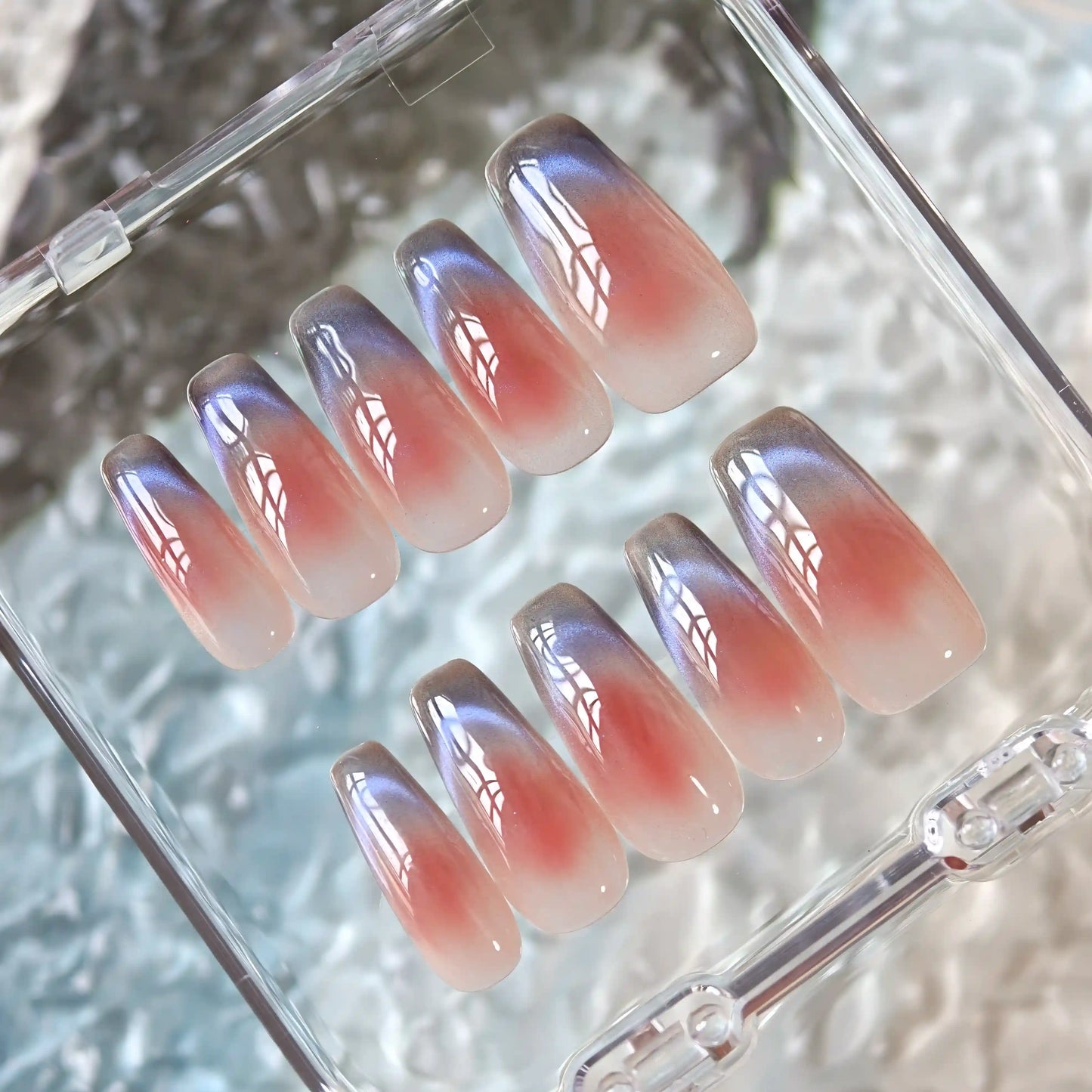Blush Pink Blue Cat Eye Press On Nails