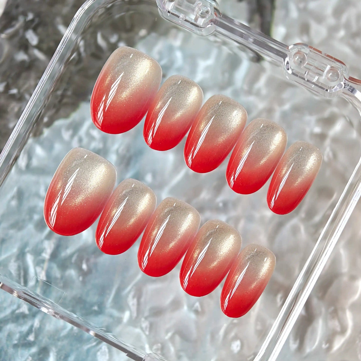 Red Sunset Glass Bead Cat Eye Press On Nails