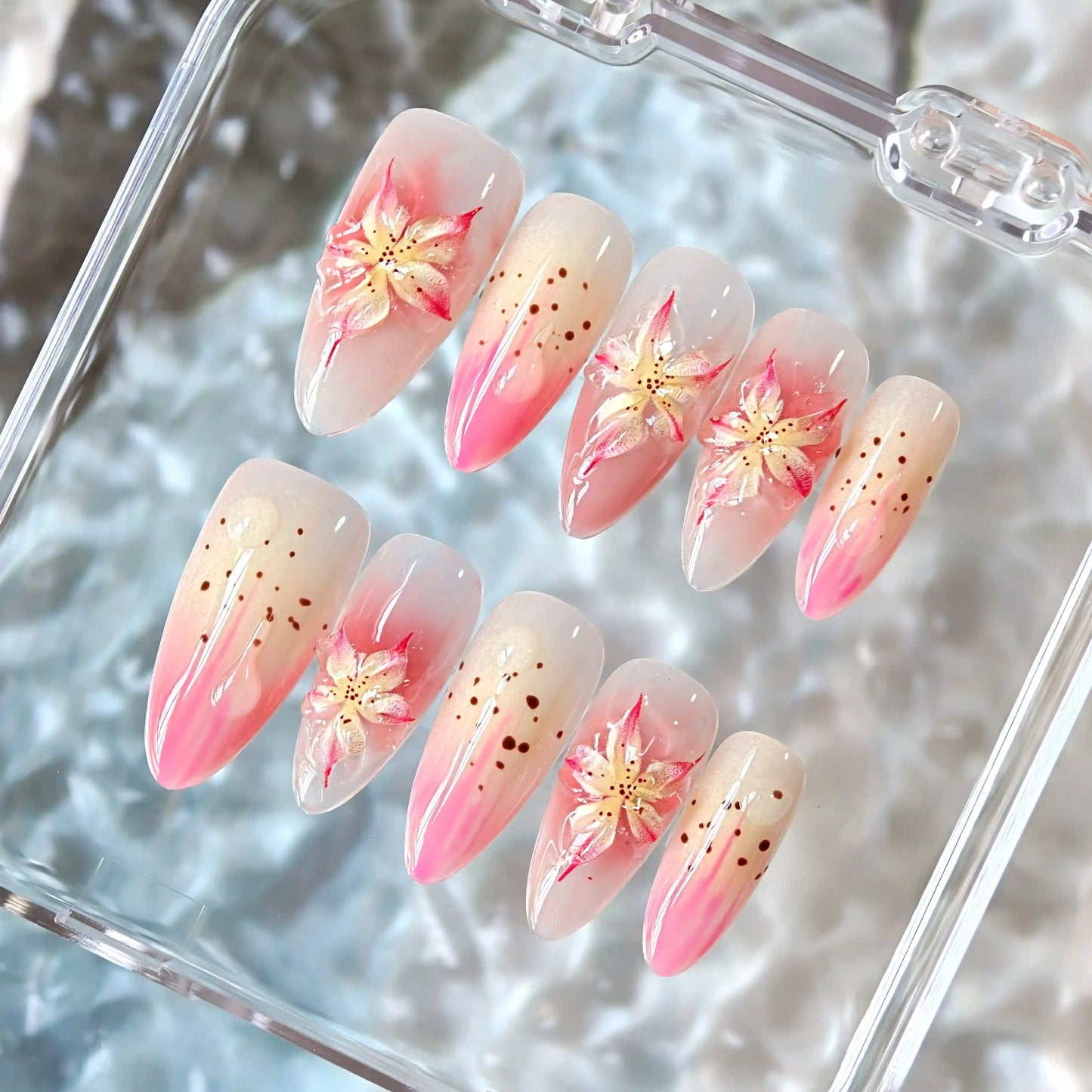 3D Ice Pink Lily Flower Ombre Press On Nails