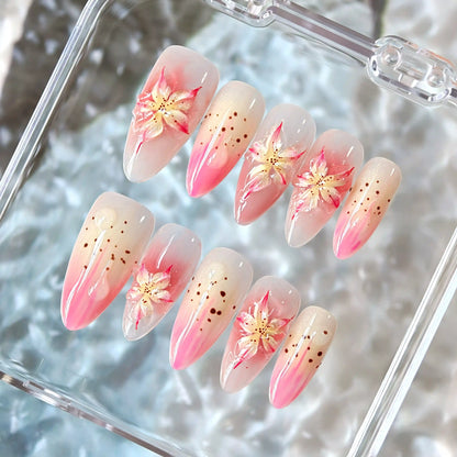 3D Ice Pink Lily Flower Ombre Press On Nails