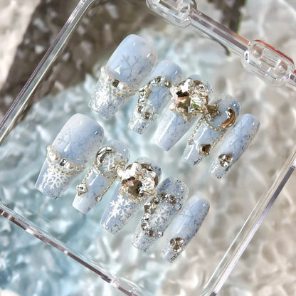 Handmade Winter Snow Blue White Snowflake Press On Nails Snowflake Nails