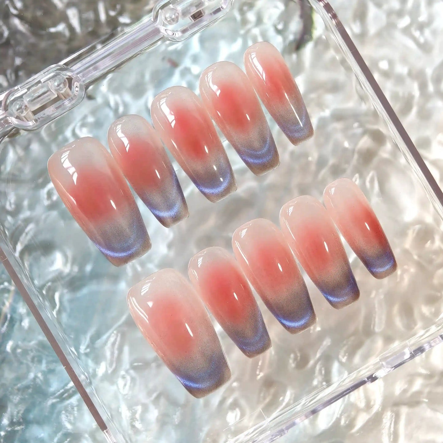 Blush Pink Blue Cat Eye Press On Nails