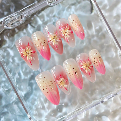 3D Ice Pink Lily Flower Ombre Press On Nails