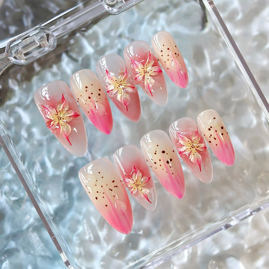 3D Ice Pink Lily Flower Ombre Press On Nails