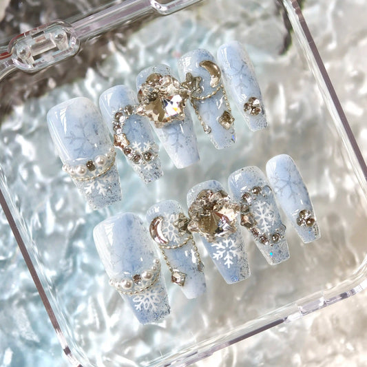 Handmade Winter Snow Blue White Snowflake Press On Nails Snowflake Nails