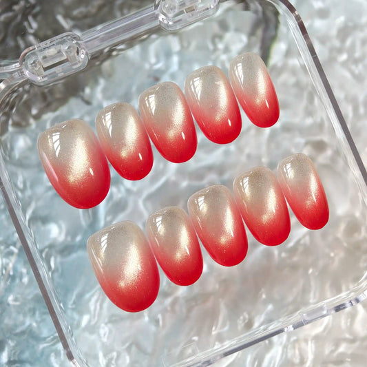 Red Sunset Glass Bead Cat Eye Press On Nails