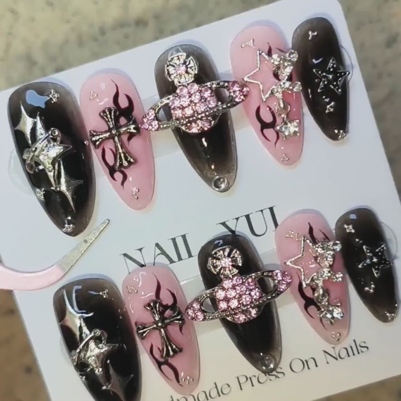 Handmade Black Pink Saturn Gem Sliver Star Cross Flame Gothic Metalic Press On Nails Goth Nails Saturn Nails Press Ons