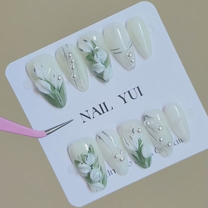 Handmade Painting Carving 3D White Bell Orchid Flower Press On Nails Bell Orchid Nails Painting Nails Spring Nails Flower Nails