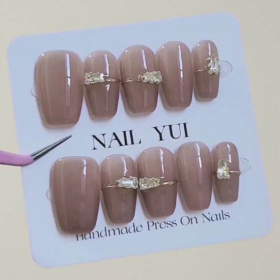 Handmade Oat Latte Nude Little Gem Gold Line Daily Autumn Press On Nails Nude Nails