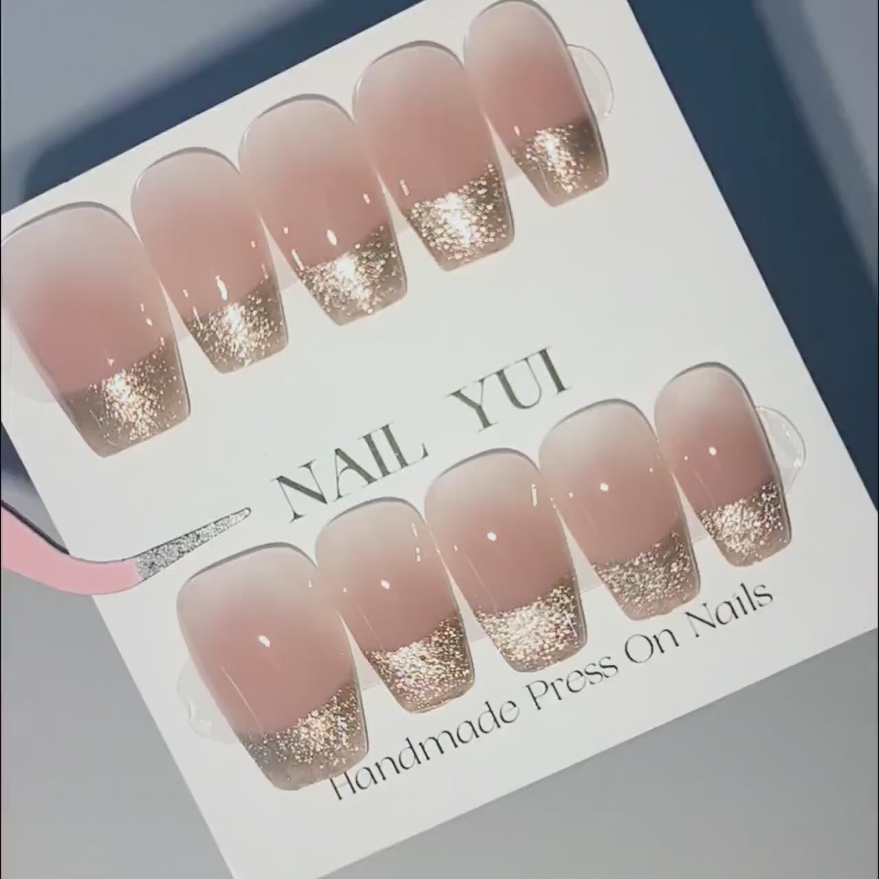 Handmade Nude Blush Ombre Gold Aurora Cat Eye French Glitter Press On Nails Ombre Nails Cat Eye Nails Reusable Nails Acrylic Nails