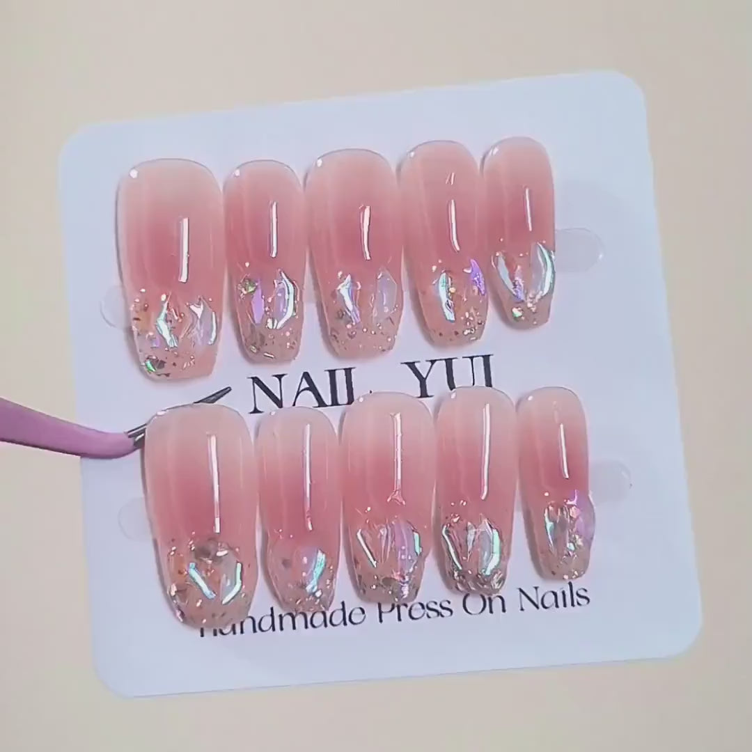 Handmade Luxury Aurora Gem Pink Nude Blush Glitter Press On Nails Glitter Nails Blush Nails Luxury Nails Gem Nails