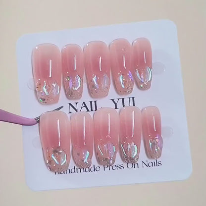 Handmade Luxury Aurora Gem Pink Nude Blush Glitter Press On Nails Glitter Nails Blush Nails Luxury Nails Gem Nails