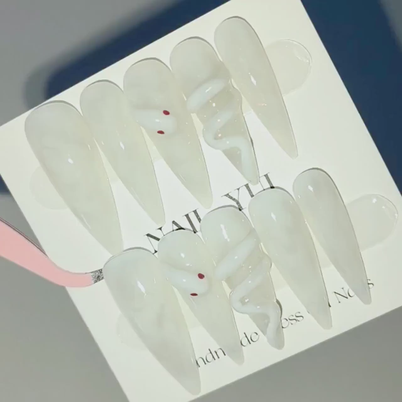 Handmade White Snake Gray White Marble Ombre Halloween Press On Nails Snake Nails Halloween Nails