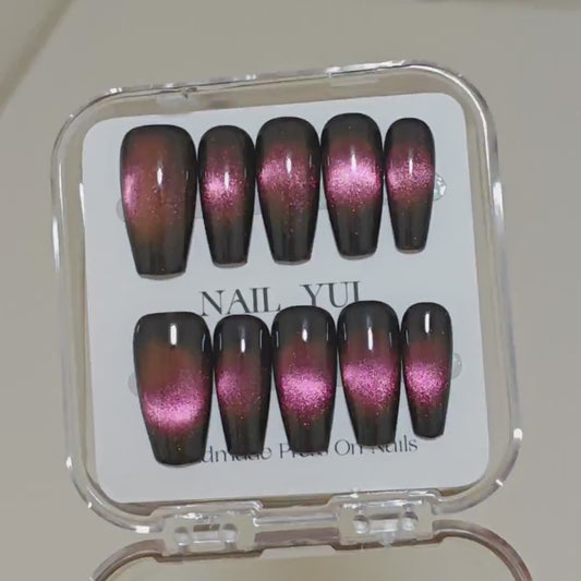 Handmade Black Pink Glass Bead Cat Eye Press On Nails Glitter Nails Dark Nails Glass Bead Nails Cat Eye Nails