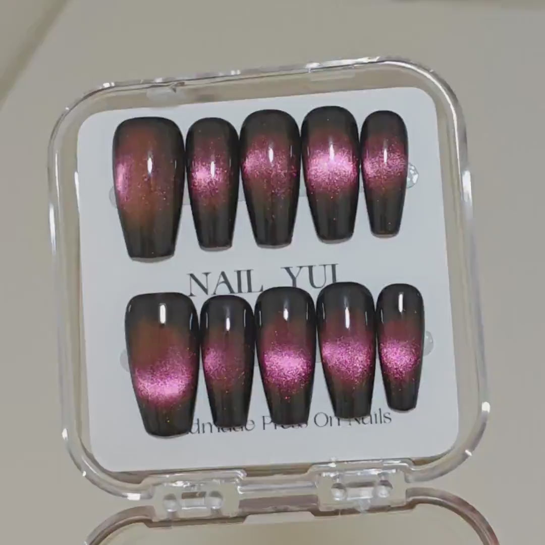 Handmade Black Pink Glass Bead Cat Eye Press On Nails Glitter Nails Dark Nails Glass Bead Nails Cat Eye Nails
